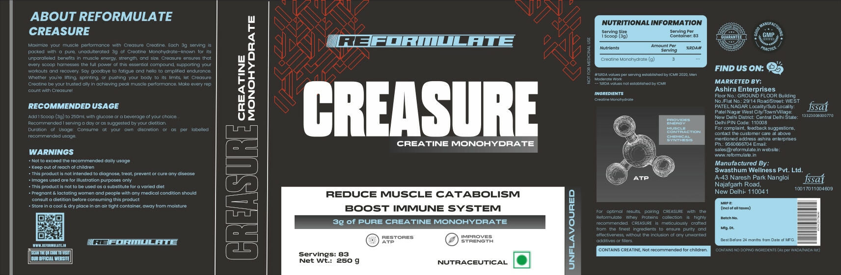 Reformulate Creasure I Creatine Monohydrate I Boost Immune System 3G Of Pure Creatine Nutraceutical - Unflavoured | Grab2Buy