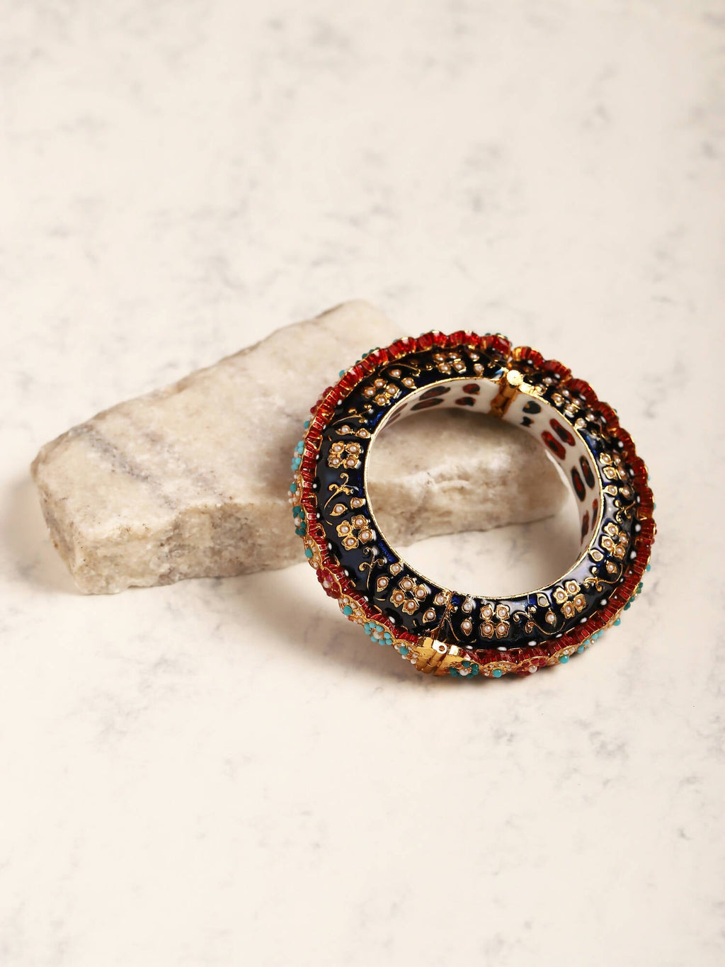 Gold-Polished Blue White Kundan Studded Pearls Beaded Bangle - Ruby Raang | Grab2Buy