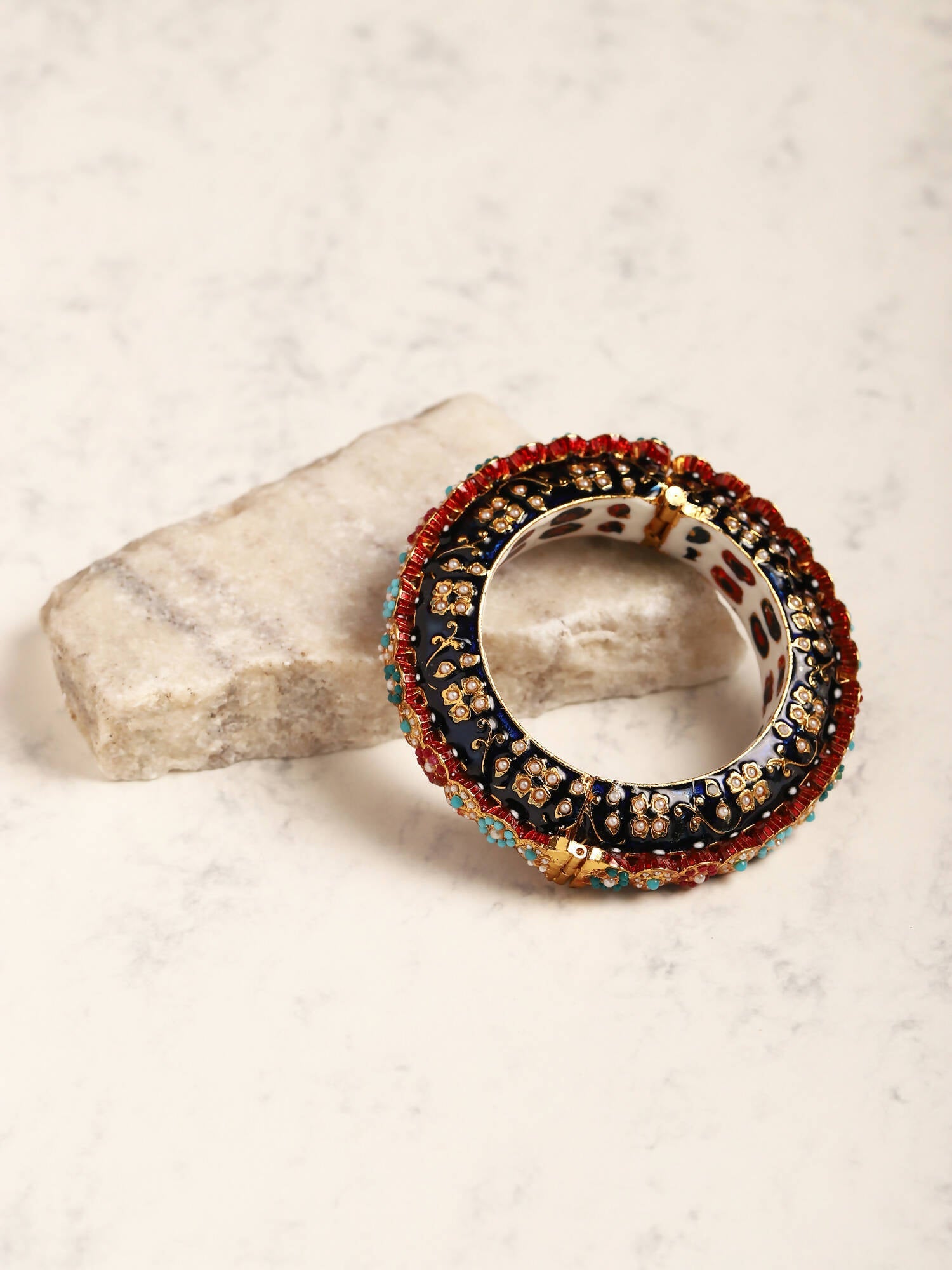 Gold-Polished Blue White Kundan Studded Pearls Beaded Bangle - Ruby Raang | Grab2Buy