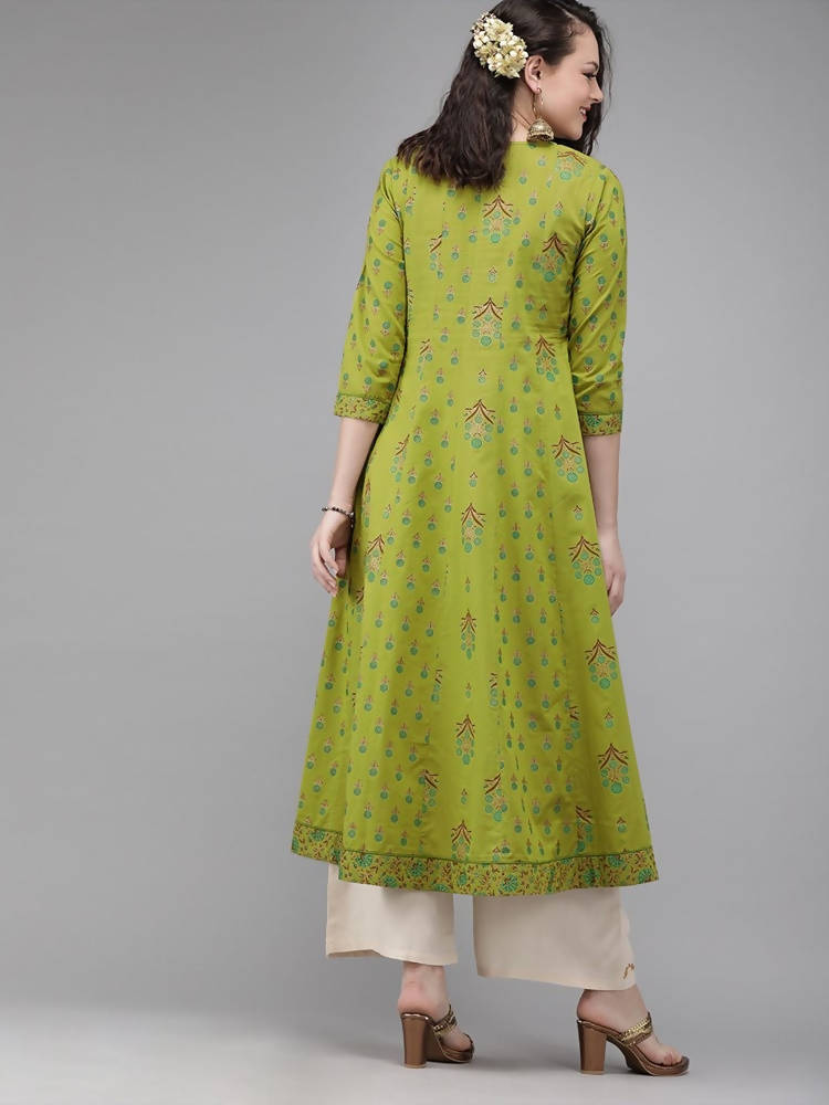 Yufta Women Green & Brown Printed A-Line Panelled Kurta | Grab2Buy