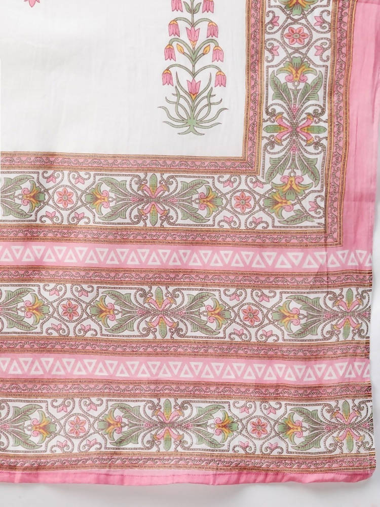 Yufta Women Pink & Yellow Handblock Printed Pure Cotton Kurta with Trouser & Dupatta | Grab2Buy