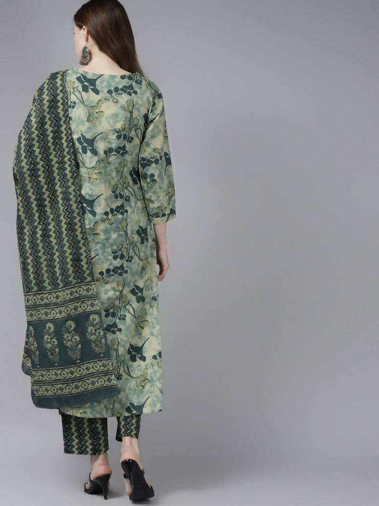Yufta Women Teal and Beige Floral Dyed Pure Cotton Kurta with Palazzo and Dupatta | Grab2Buy