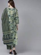 Yufta Women Teal and Beige Floral Dyed Pure Cotton Kurta with Palazzo and Dupatta | Grab2Buy