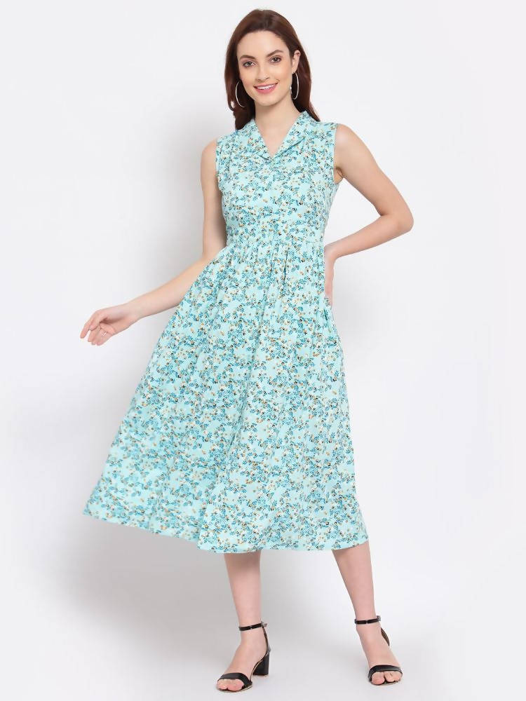 Myshka Women's Green Printed Rayon Sleeveless Collar Neck Casual Dress | Grab2Buy