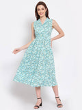 Myshka Women's Green Printed Rayon Sleeveless Collar Neck Casual Dress | Grab2Buy