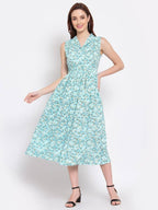 Myshka Women's Green Printed Rayon Sleeveless Collar Neck Casual Dress | Grab2Buy