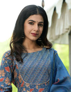 Yufta Women Blue Floral Yoke Design Regular Aari Work Pure Cotton Kurta with Trouser & With Dupatta | Grab2Buy