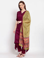 Myshka Women's Burgandy Solid Cotton Half Sleeve V Neck Casual Kurta Pant Dupatta Set | Grab2Buy