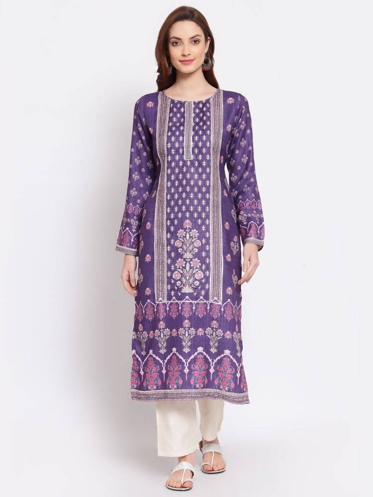 Myshka Women's Purple Printed Pashmeena Full Sleeve Round Neck Casual Kurta | Grab2Buy