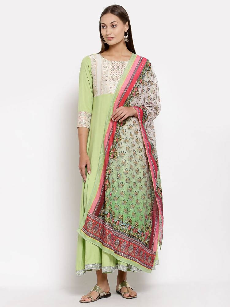 Myshka Women's Green Royan Printed 3/4 Sleeve Round Neck Casual Anarkali Kurta Dupatta Set | Grab2Buy