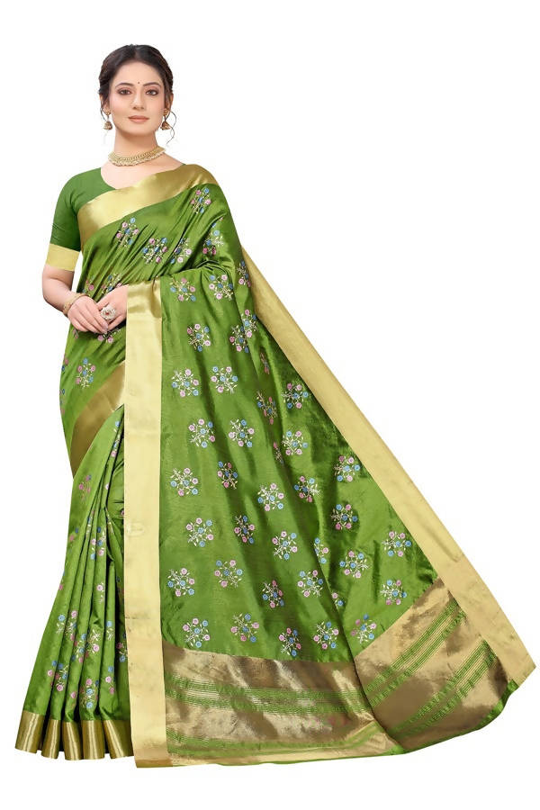 Vamika Green Cotton Polyster Silk Weaving Saree (Kerala Cherry) | Grab2Buy