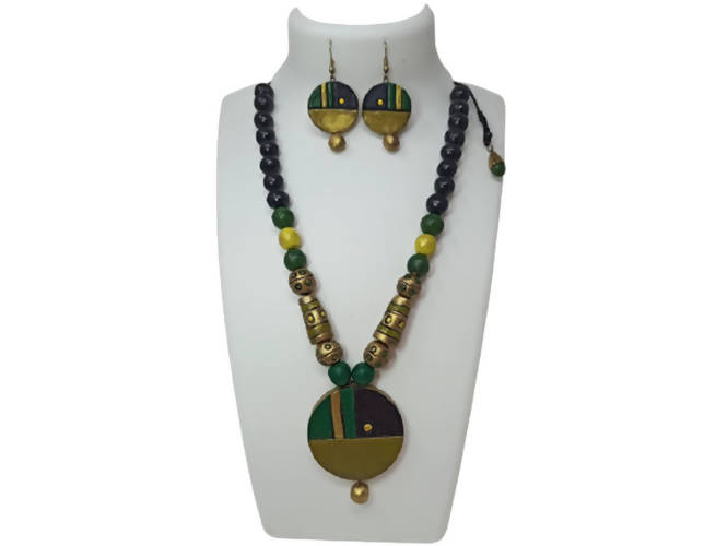 Terracotta Round Pendant Boho Style Medium Necklace Set With Hangings | Grab2Buy