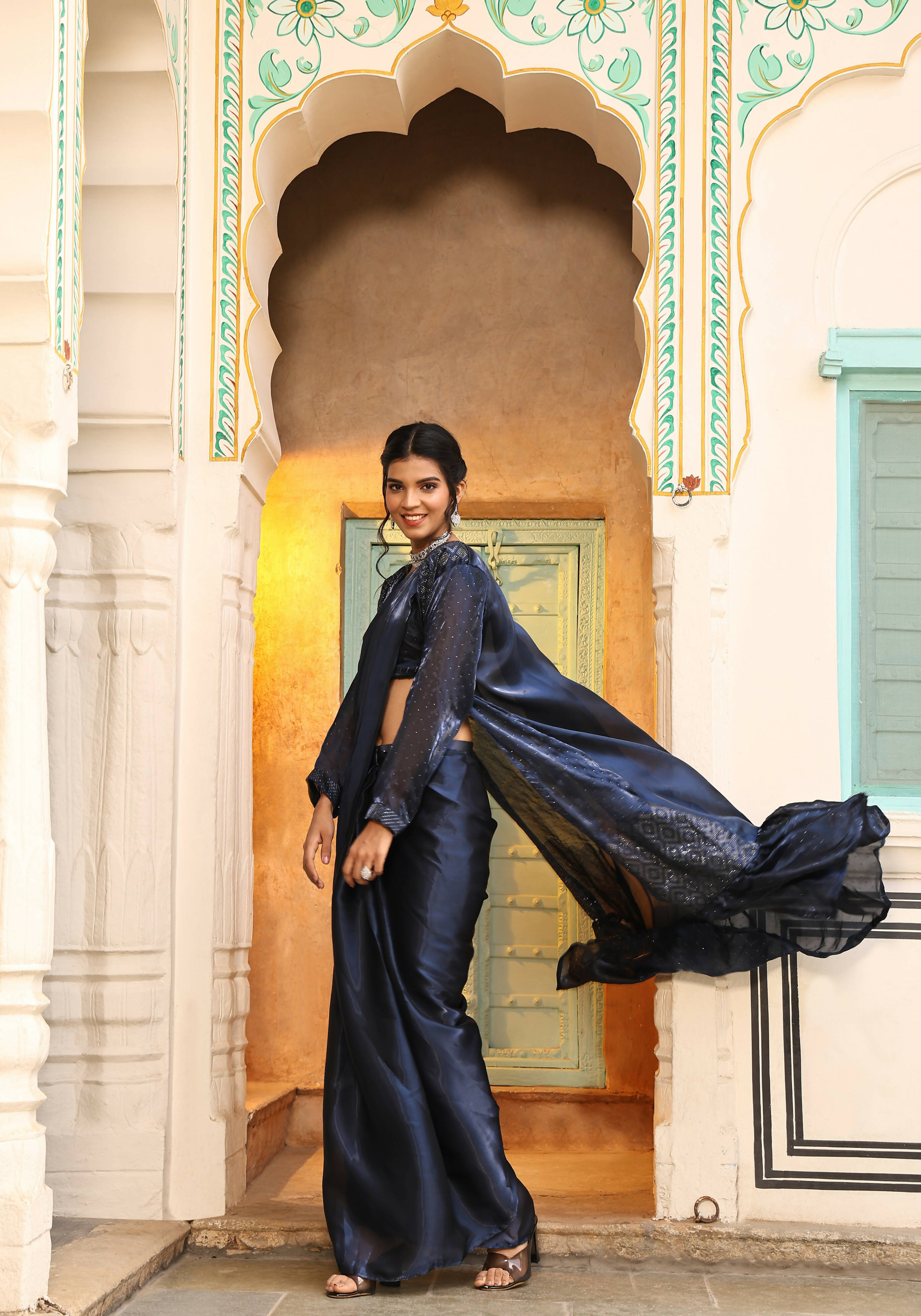 Navy Blue Tom Silk Plain Ready To Wear Saree With Stitched Blouse - Satiksha | Grab2Buy