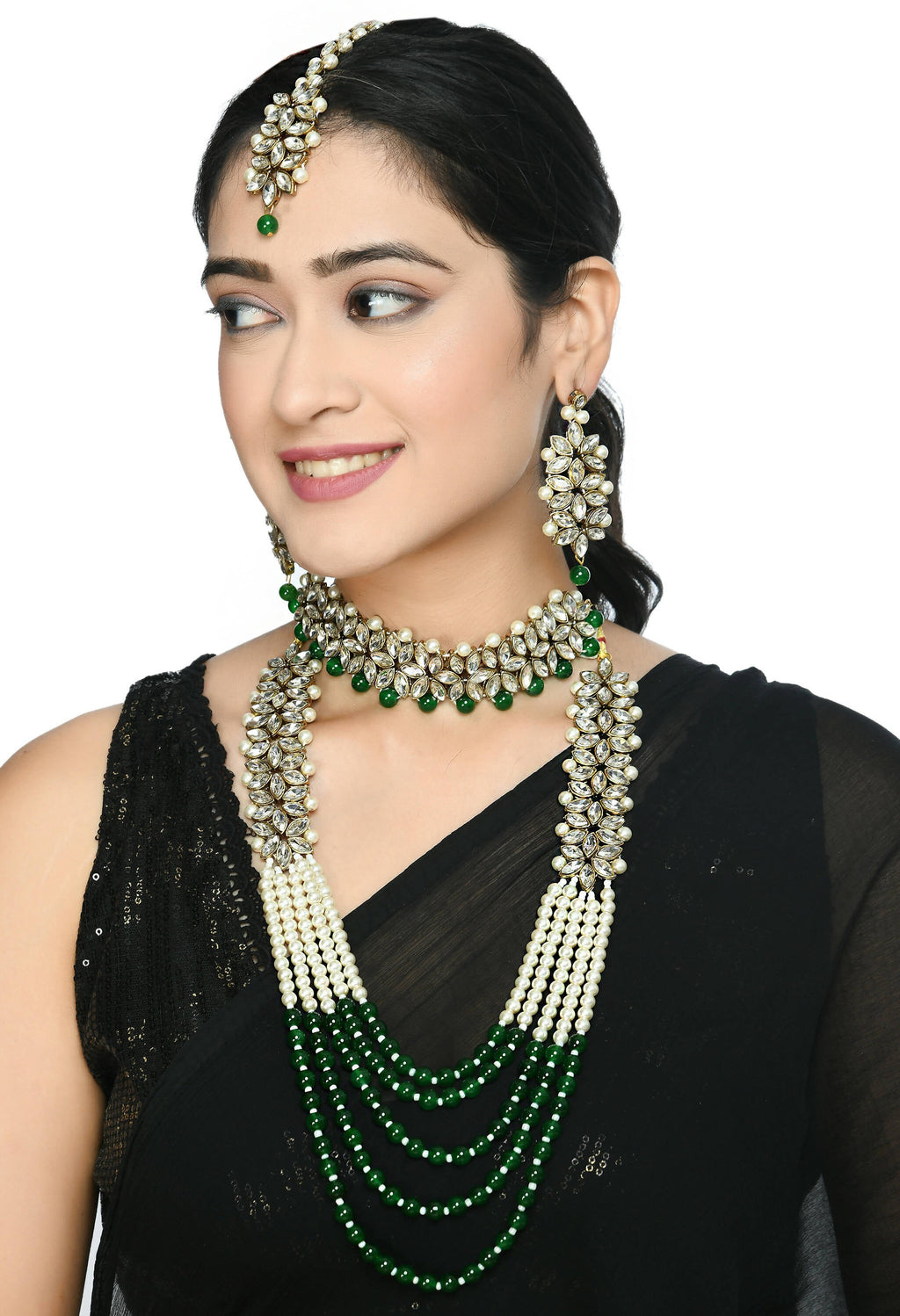 Mominos Fashion Johar Kamal Gold-Polished Rani Haar with Green and Off white Pearls Jewellery Set | Grab2Buy