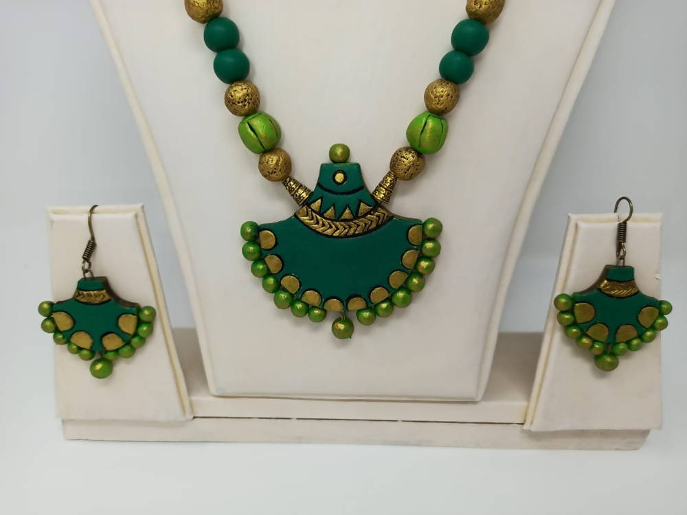 Terracotta Green Long Necklace Set with Matching Earrings | Grab2Buy