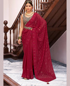Maroon Georgette Swaroski Work Saree With Unstitched Blouse Piece - Juhi | Grab2Buy