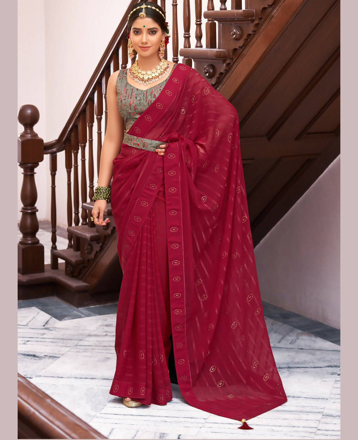 Maroon Georgette Swaroski Work Saree With Unstitched Blouse Piece - Juhi | Grab2Buy