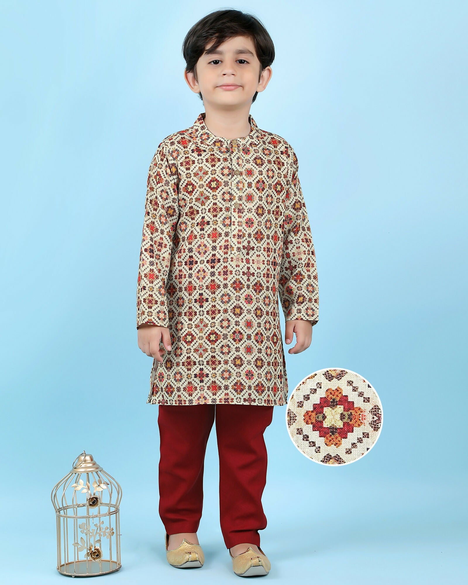 Joban Fashion Kids Island Cotton Full Sleeves Printed Kurta and Pyjama- Maroon | Grab2Buy