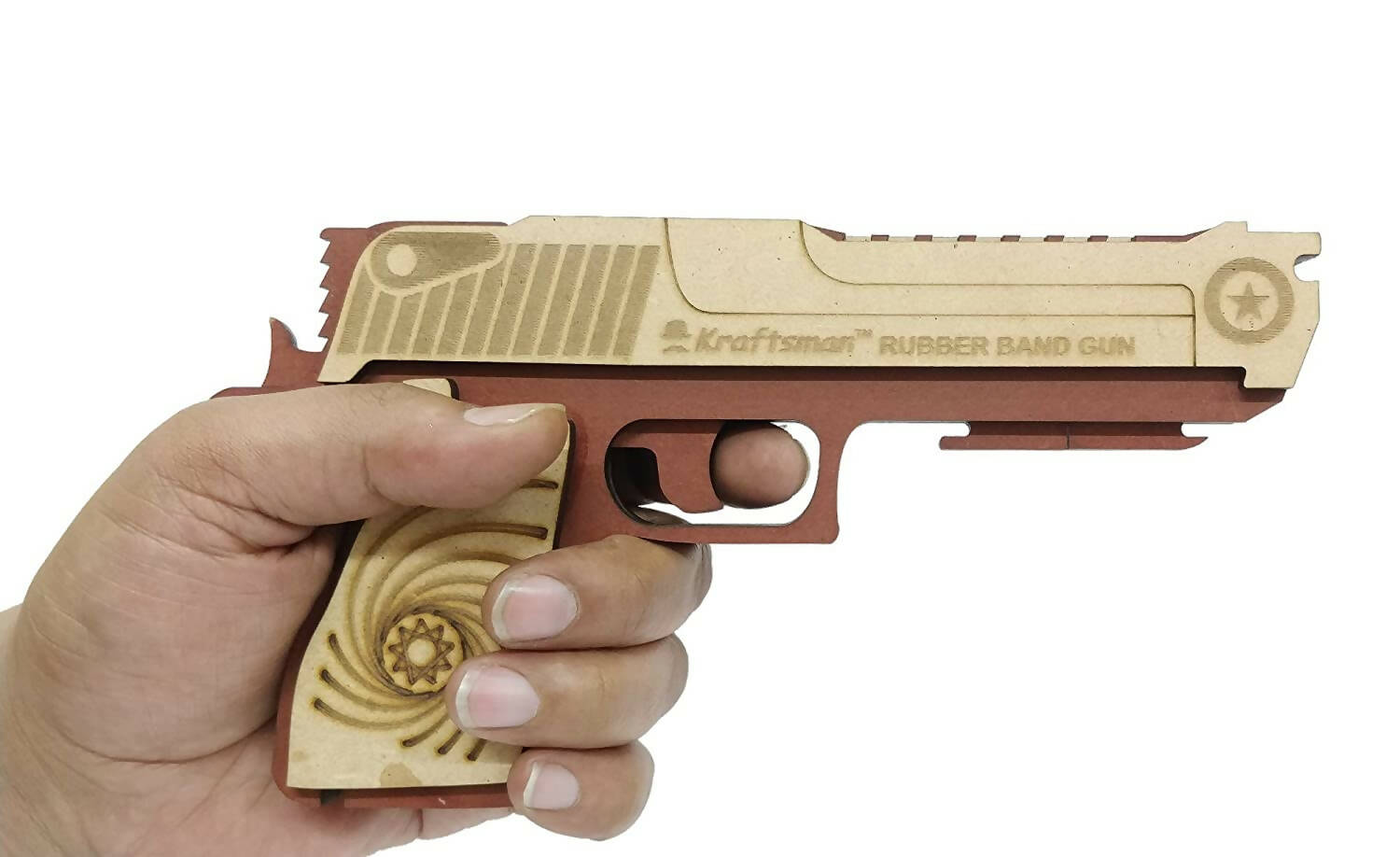 Kraftsman Kraftsman Semi-Automatic Wooden Rubber Band Shooting Gun Toys for Kids & Adults with Target | 5 Rapid Fire Shots (Dark Brown) | Grab2Buy