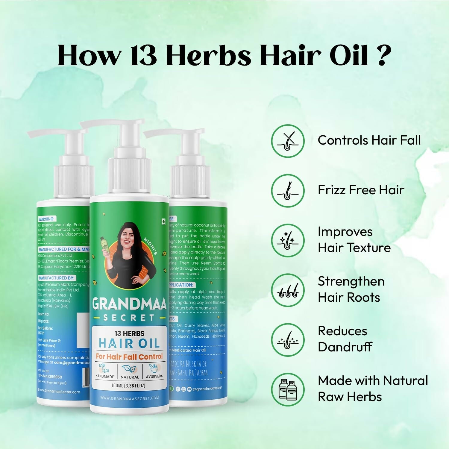 Nidhi's Grandmaa Secret 13 Herbs Hair Oil Handmade Natural Hair Oil With Coconut Oil, Curry Leaves & More Hair Fall Control Oil For Dry Damaged Hair | Grab2Buy