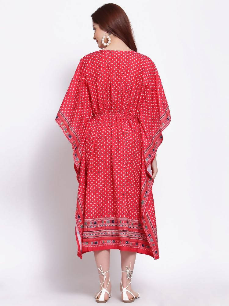 Myshka Women's Red Printed Cotton Blend 3/4 Sleeve V Neck Casual Dress | Grab2Buy