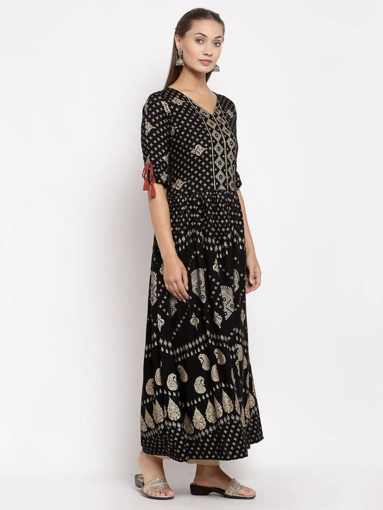 Myshka Women's Green Royan Printed Half Sleeve V Neck Casual Maxi Dress | Grab2Buy