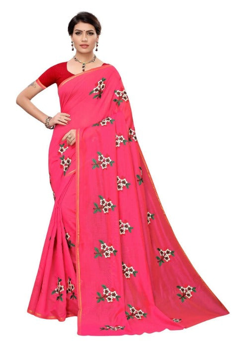 Vamika Chanderi Cotton Embroidery Pink Saree (MOGRA PINK) | Grab2Buy