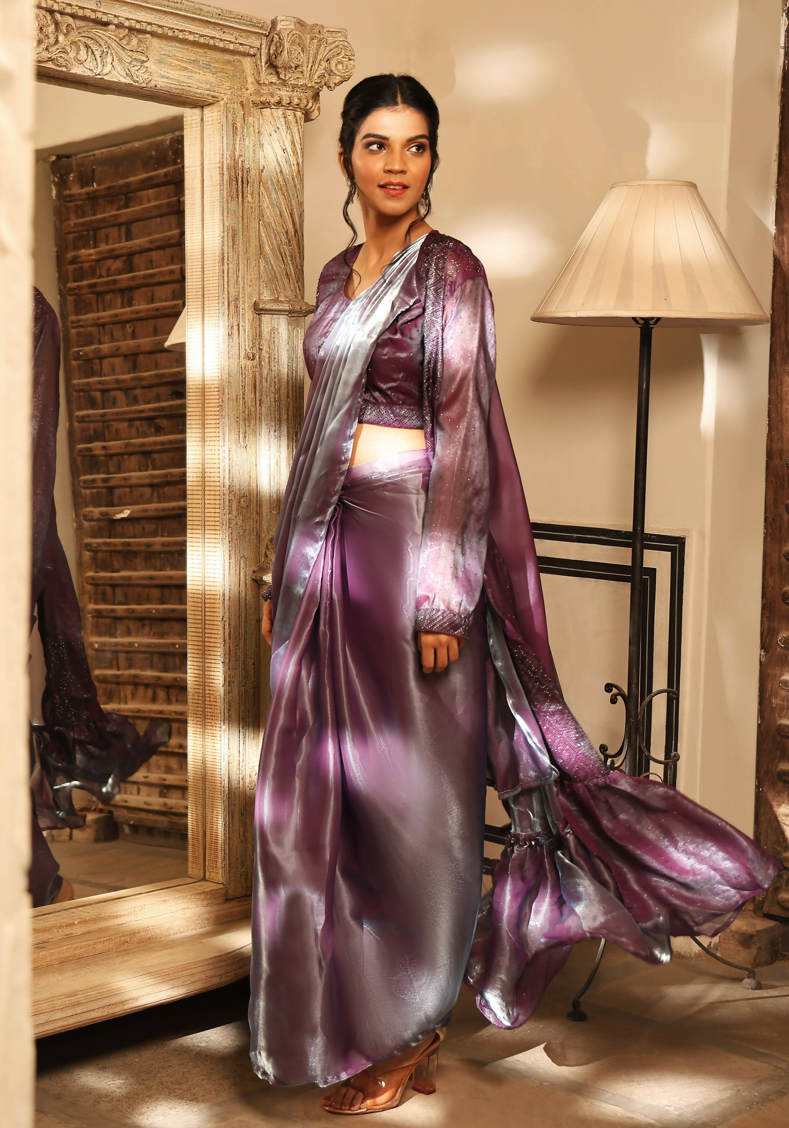 Lavender Tom Silk Plain Ready To Wear Saree With Stitched Blouse - Satiksha | Grab2Buy