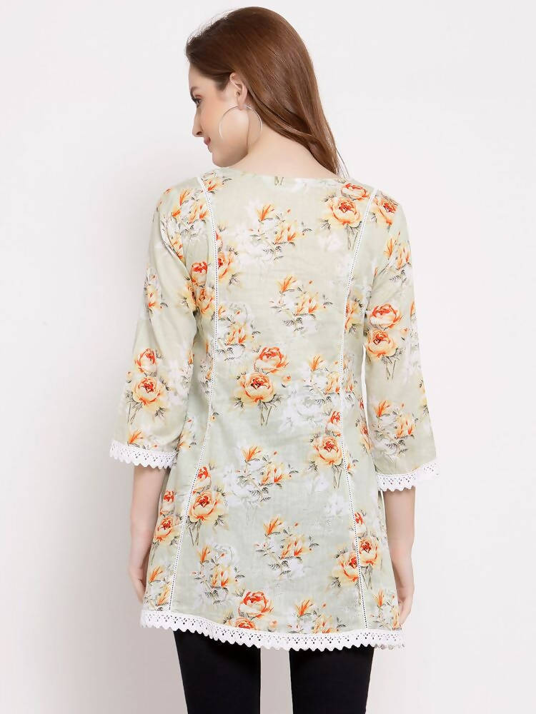 Myshka Women's Off White Cotton 3/4 Sleeve Round Neck Printed Casual Tunic | Grab2Buy