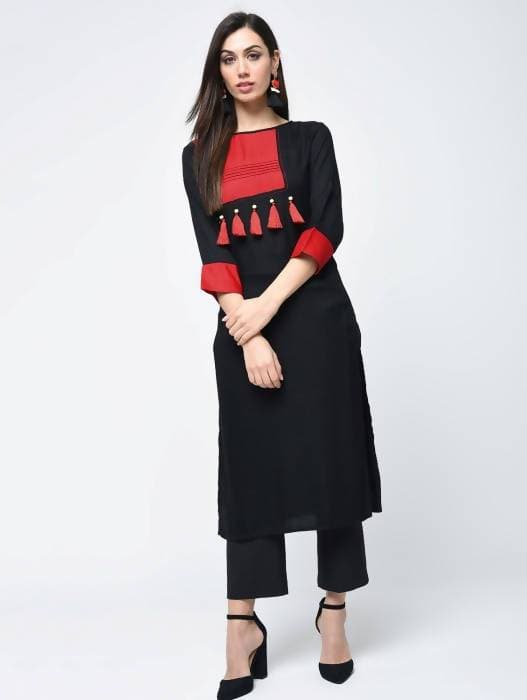 Aniyah Rayon Color Block Black Latest Straight Kurta With Tassels (AN-109K) | Grab2Buy
