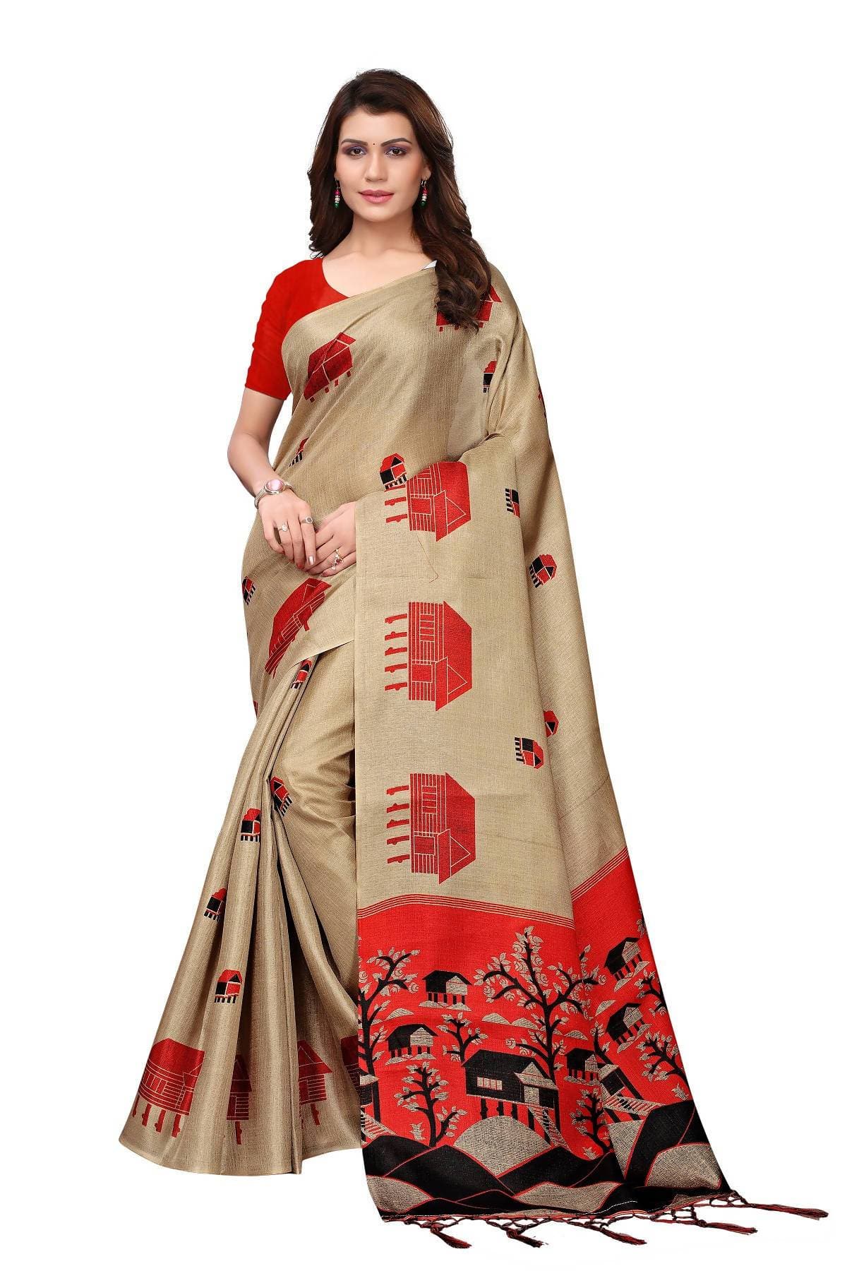 Vamika Traditional Chiku & Red Kalamkari With Jhalar Khadi Silk Saree | Grab2Buy