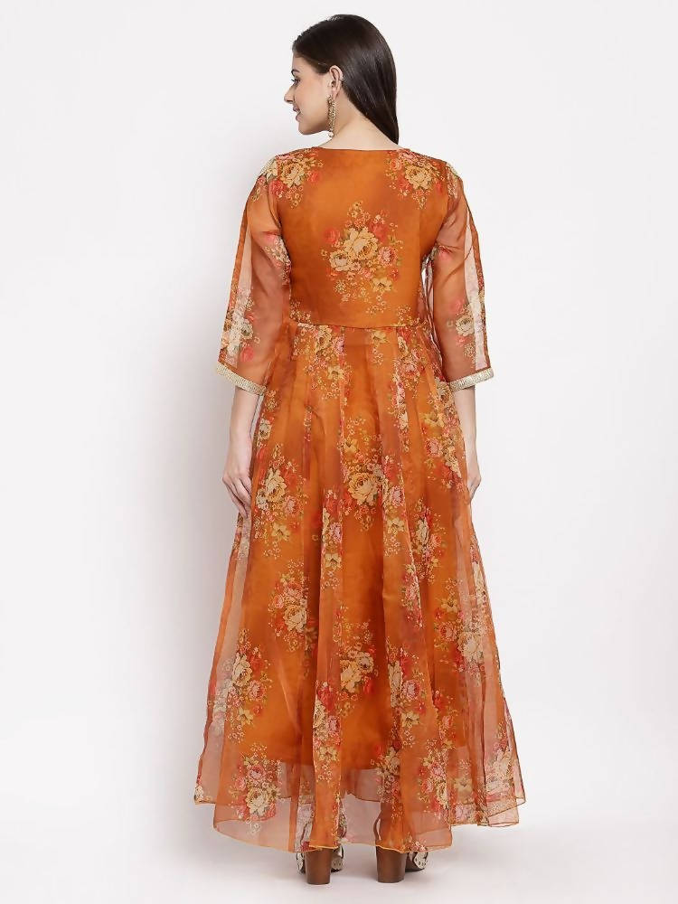 Myshka Women's Brown Organza Printed 3/4 Sleeve V Neck Casual Anarkali Dress | Grab2Buy