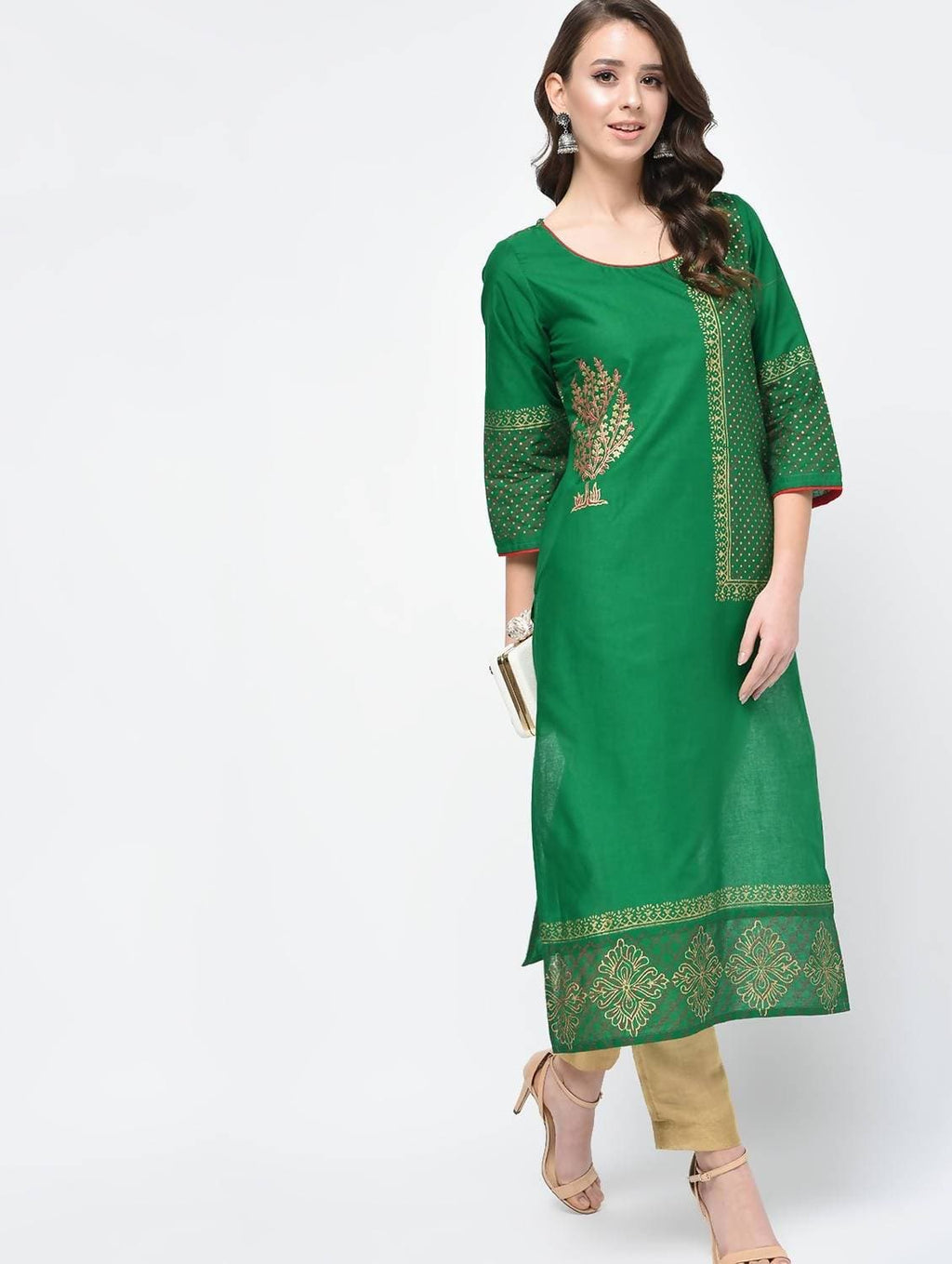 Cheera Hand Block Print Green Color Straight Kurta | Grab2Buy