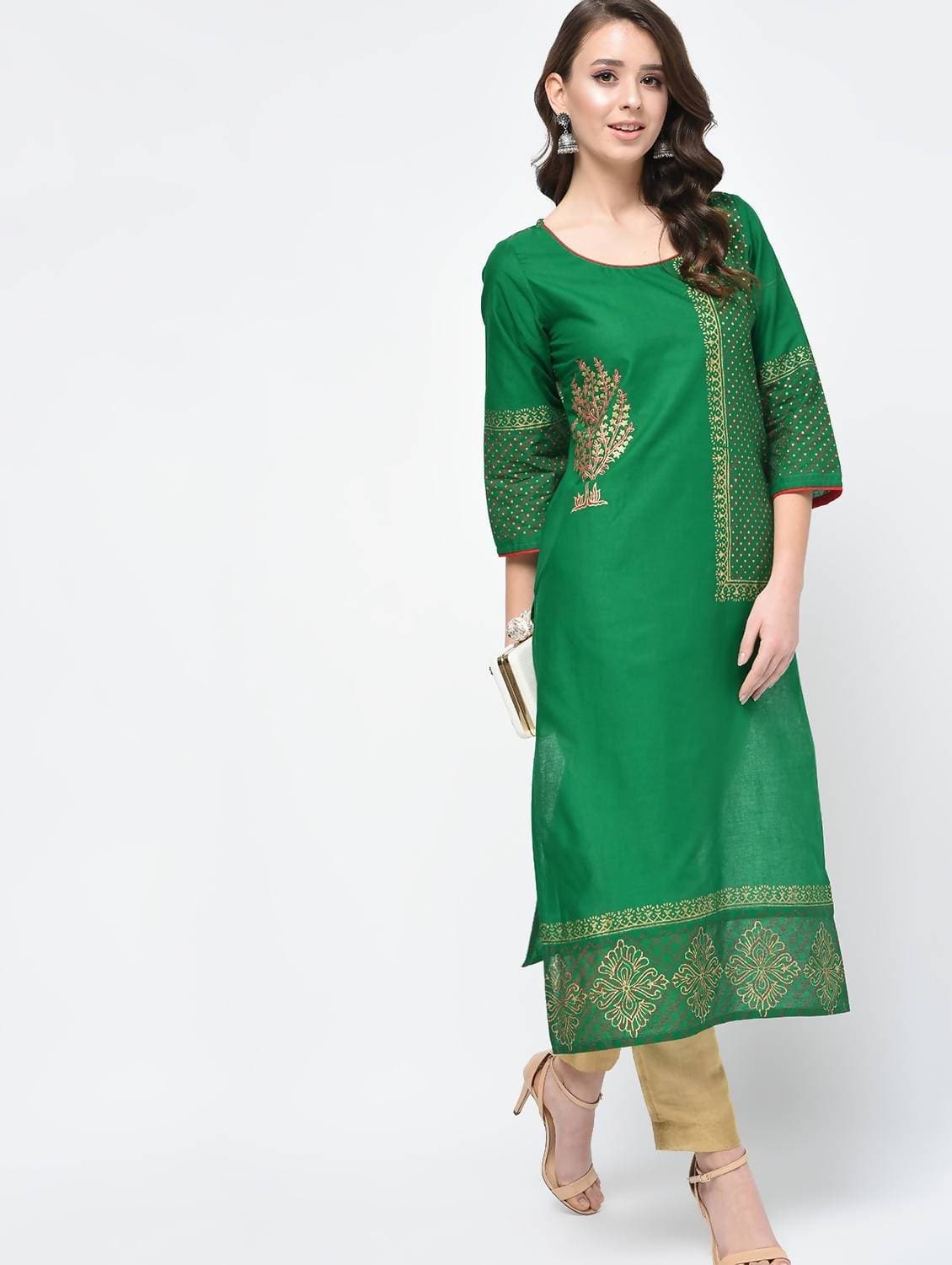 Cheera Hand Block Print Green Color Straight Kurta | Grab2Buy