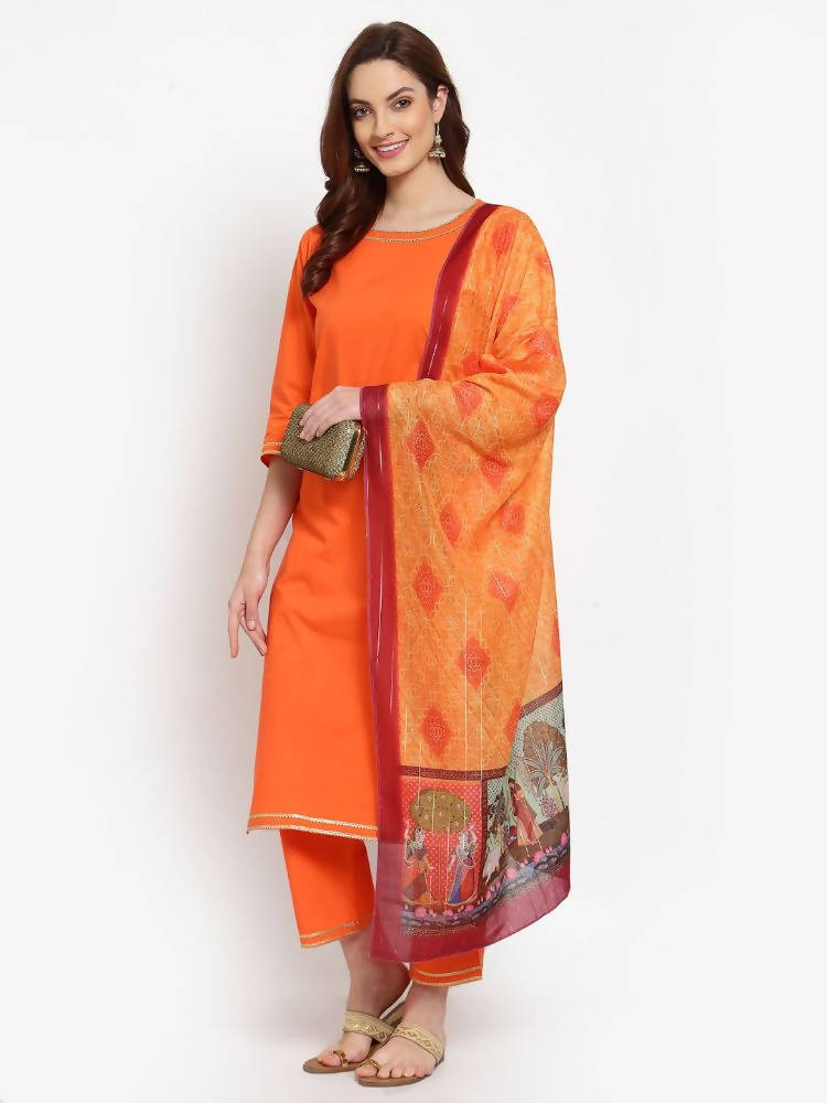 Myshka Women's Orange Solid Cotton 3/4 Sleeve Round Neck Casual Kurta Pant Dupatta Set | Grab2Buy