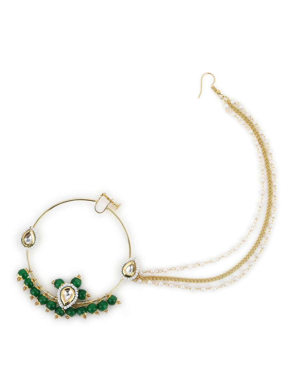 Gold-Polished White Green Kundan-Studded Pearl Beaded Nosepin - Ruby Raang | Grab2Buy