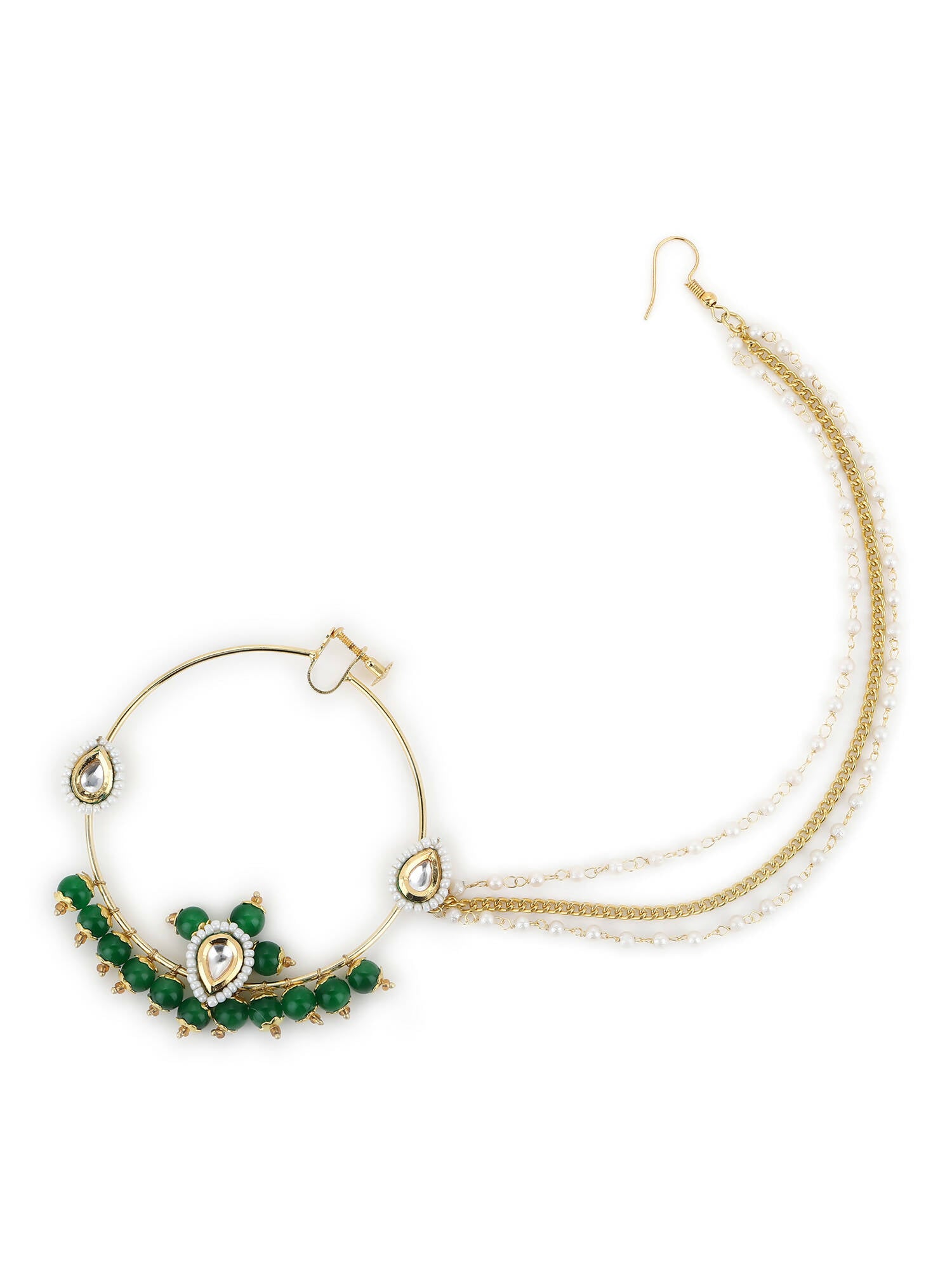 Gold-Polished White Green Kundan-Studded Pearl Beaded Nosepin - Ruby Raang | Grab2Buy