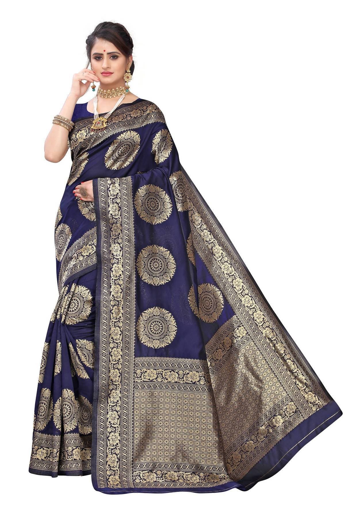 Vamika Traditional Banarasi Jacquard Weaving Navy Blue Saree | Grab2Buy