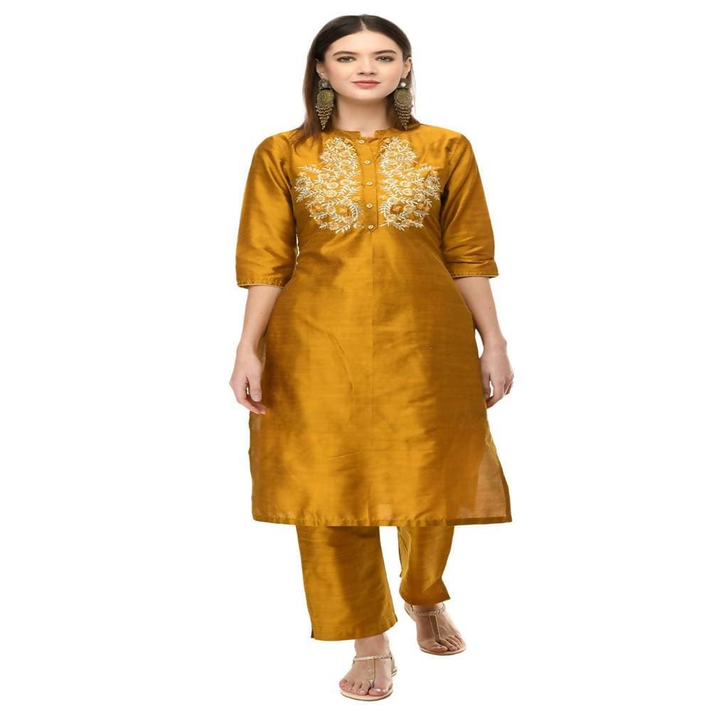 Lagi Women's Mustard Poly silk Straight Embroidred Kurta Pant (RO116C) | Grab2Buy