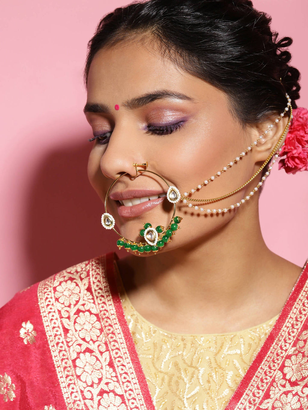 Gold-Polished White Green Kundan-Studded Pearl Beaded Nosepin - Ruby Raang | Grab2Buy
