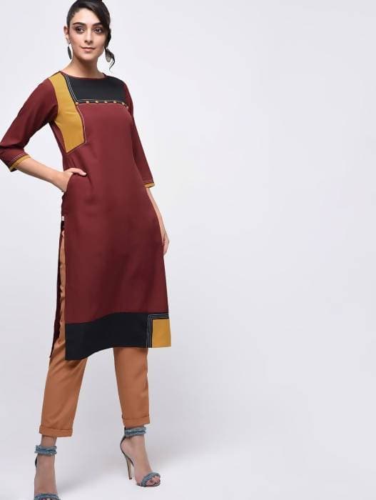 Aniyah Crepe Color Block Straight Brown Kurta (AN-139K) | Grab2Buy