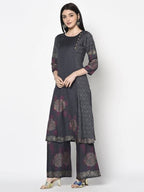 Aniyah Rayon Dark Grey Color Block Print Straight Kurta (AN-203K) | Grab2Buy