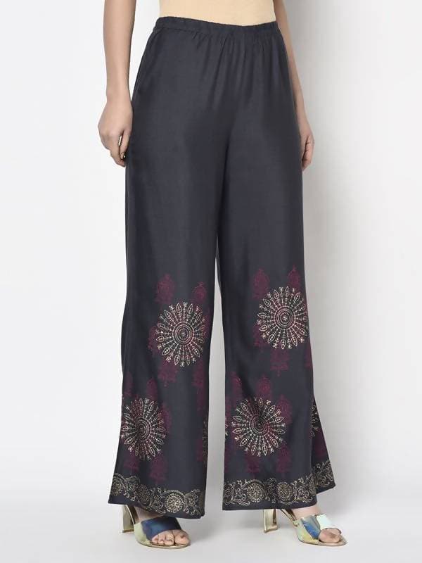 Aniyah Rayon Dark Grey Color Block Print Flared Slip-On Palazzo (AN-201K) | Grab2Buy