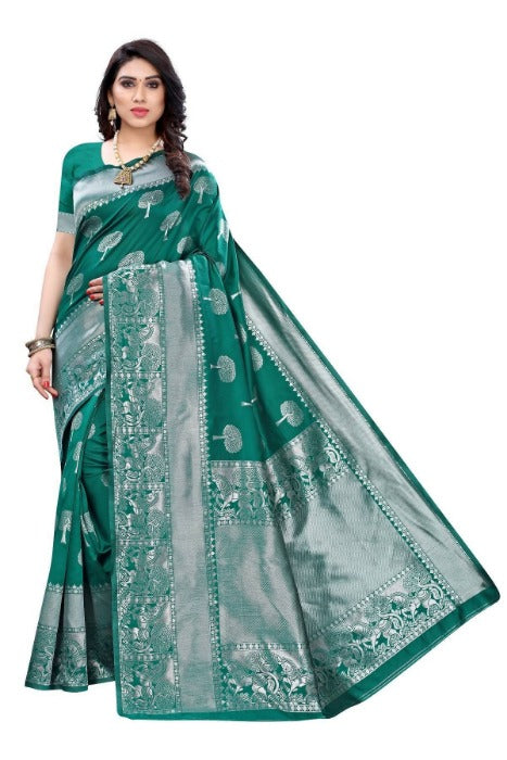 Vamika Banarasi Jacquard Weaving Rama Green Saree (AMEE RAMA) | Grab2Buy