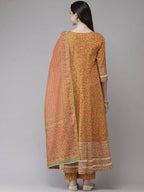 Yufta Yellow Printed kurta with Trouser Dupatta Set | Grab2Buy