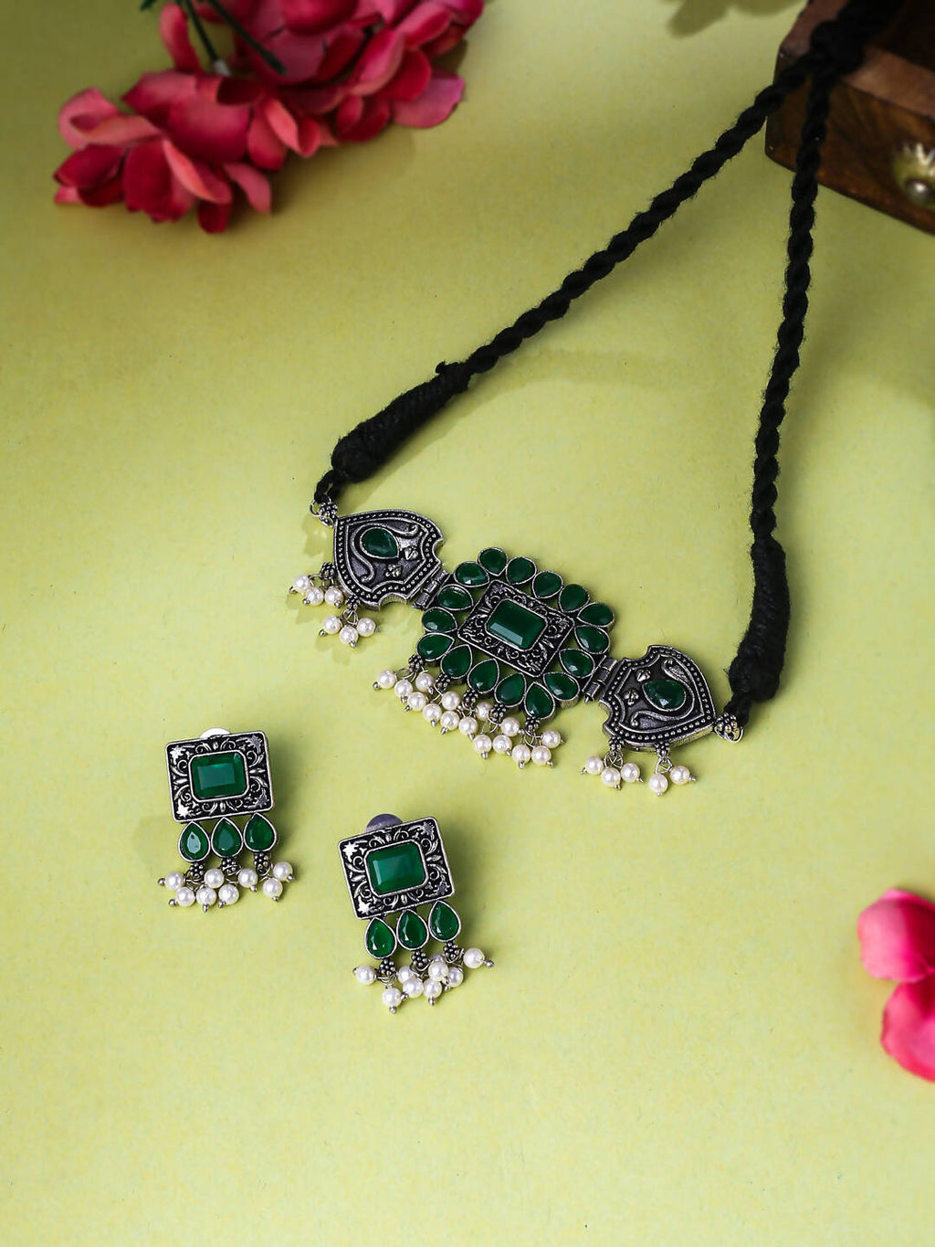NVR Women's Oxidised Silver Plated Green Color Stone Jewellery Set With Earrings | Grab2Buy