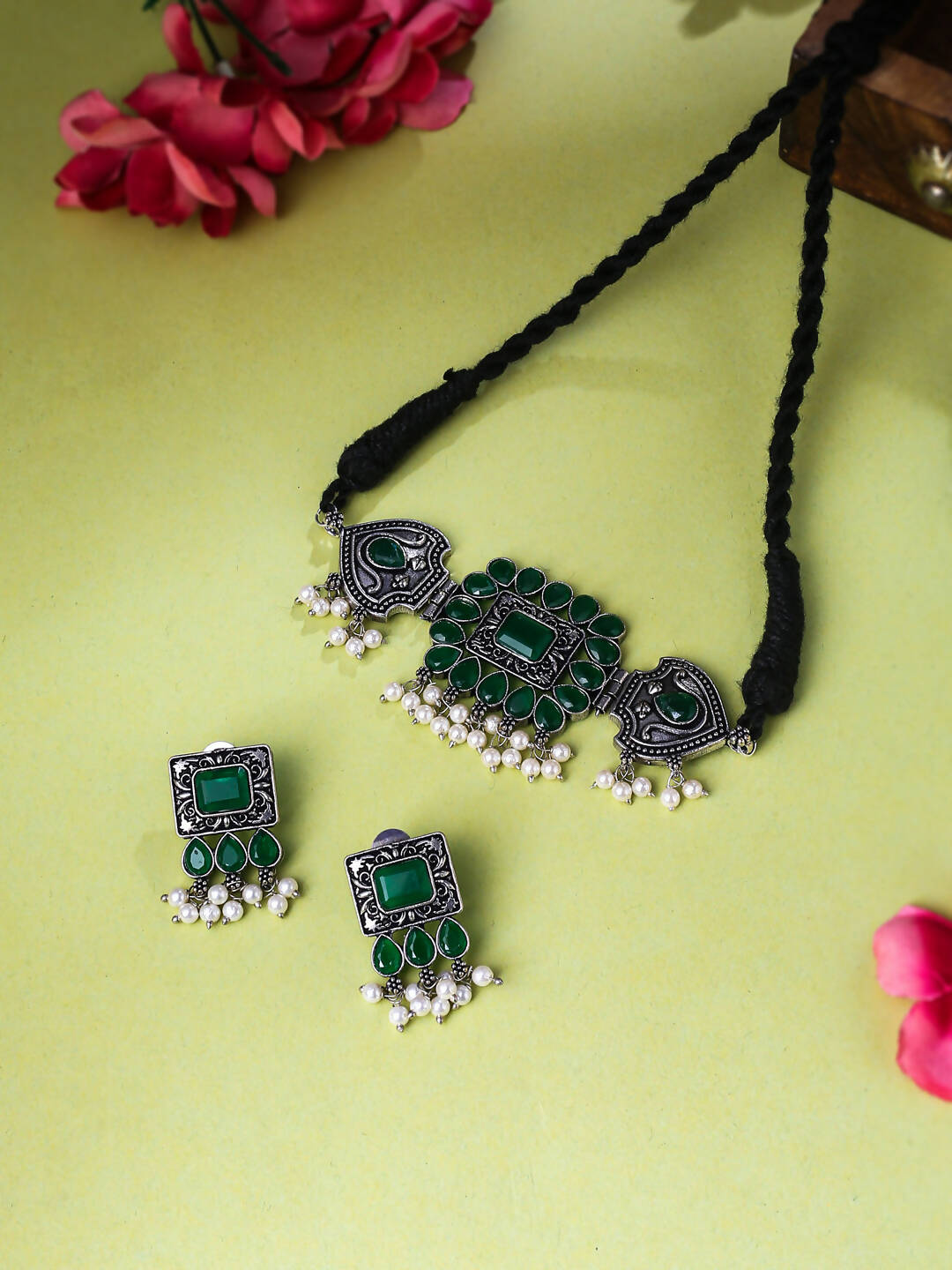 NVR Women's Oxidised Silver Plated Green Color Stone Jewellery Set With Earrings | Grab2Buy