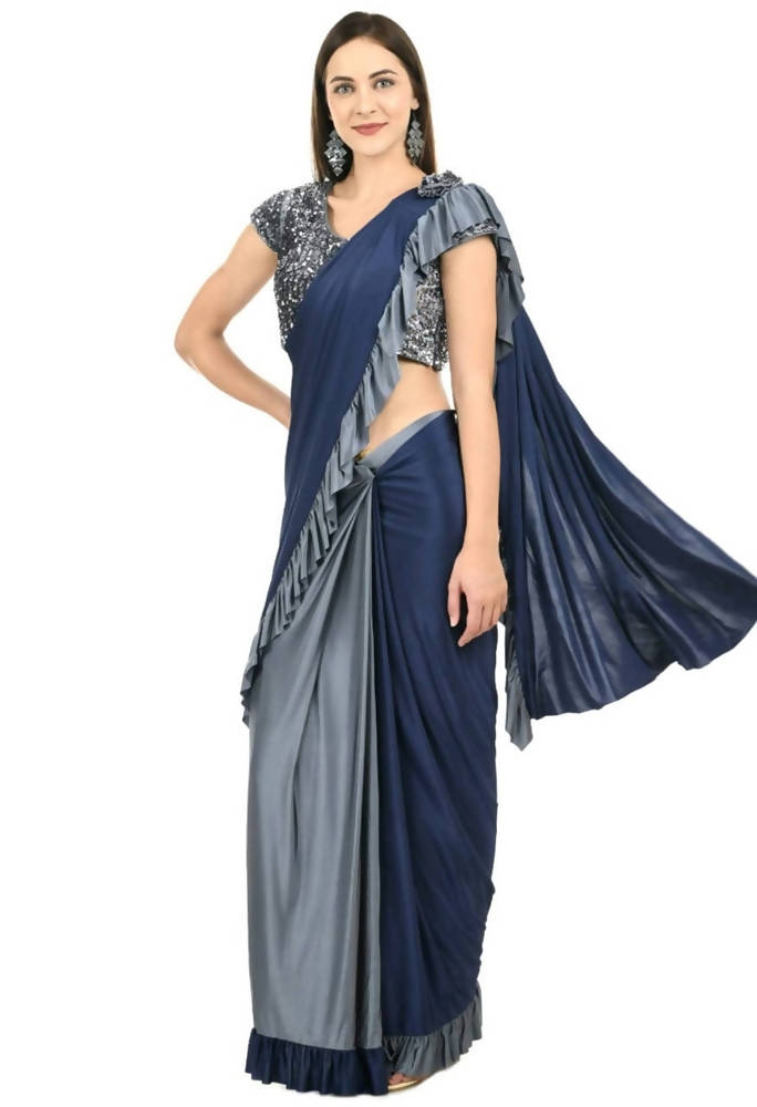 Mominos Fashion All Season Wear Gray And Blue Ruffled Ready To Wear Saree | Grab2Buy