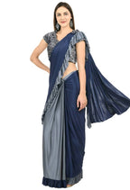 Mominos Fashion All Season Wear Gray And Blue Ruffled Ready To Wear Saree | Grab2Buy