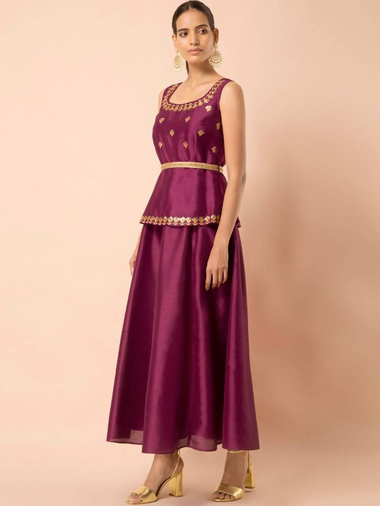 Indya Women Wine-Colored Embroidered Belted Peplum Layered Kurta | Grab2Buy